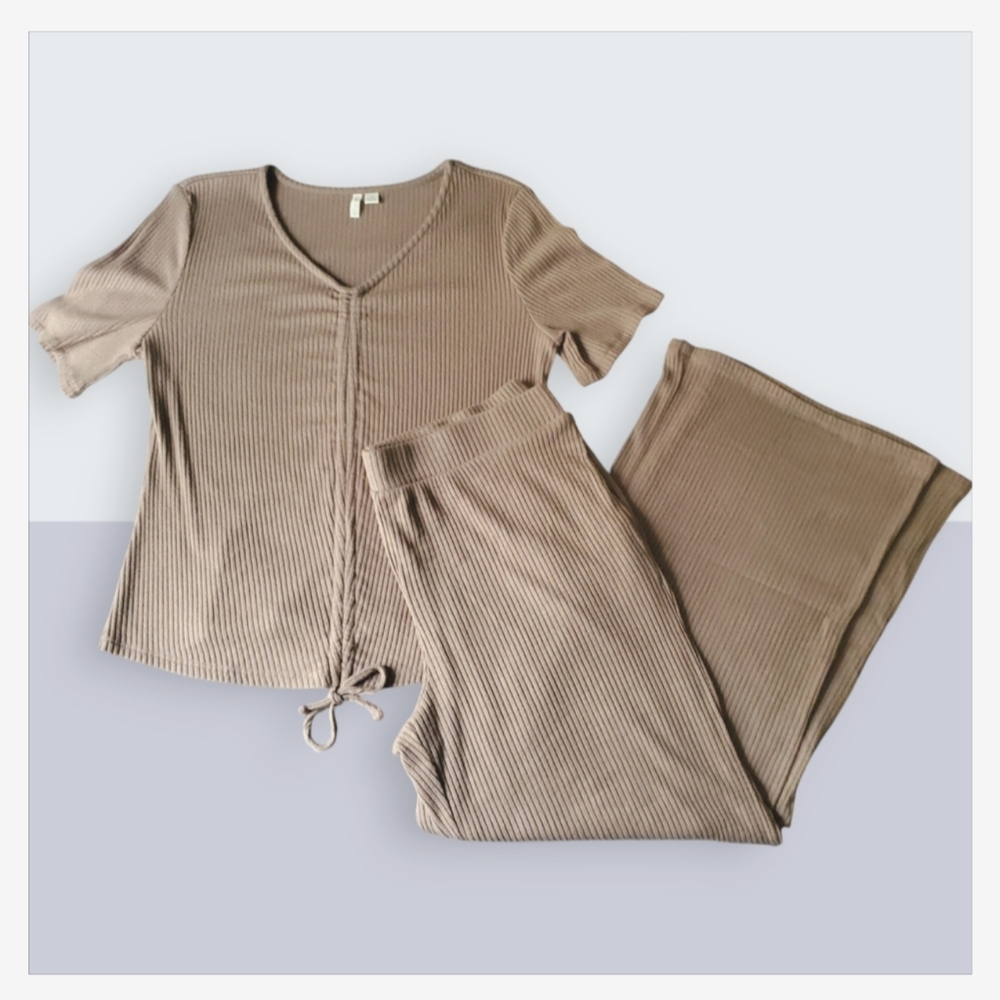 Cato Ribbed Pajama Set - Large Tan